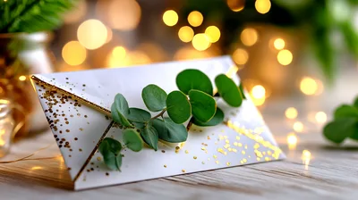White Envelope Decorated With Eucalyptus And Gold Glitter