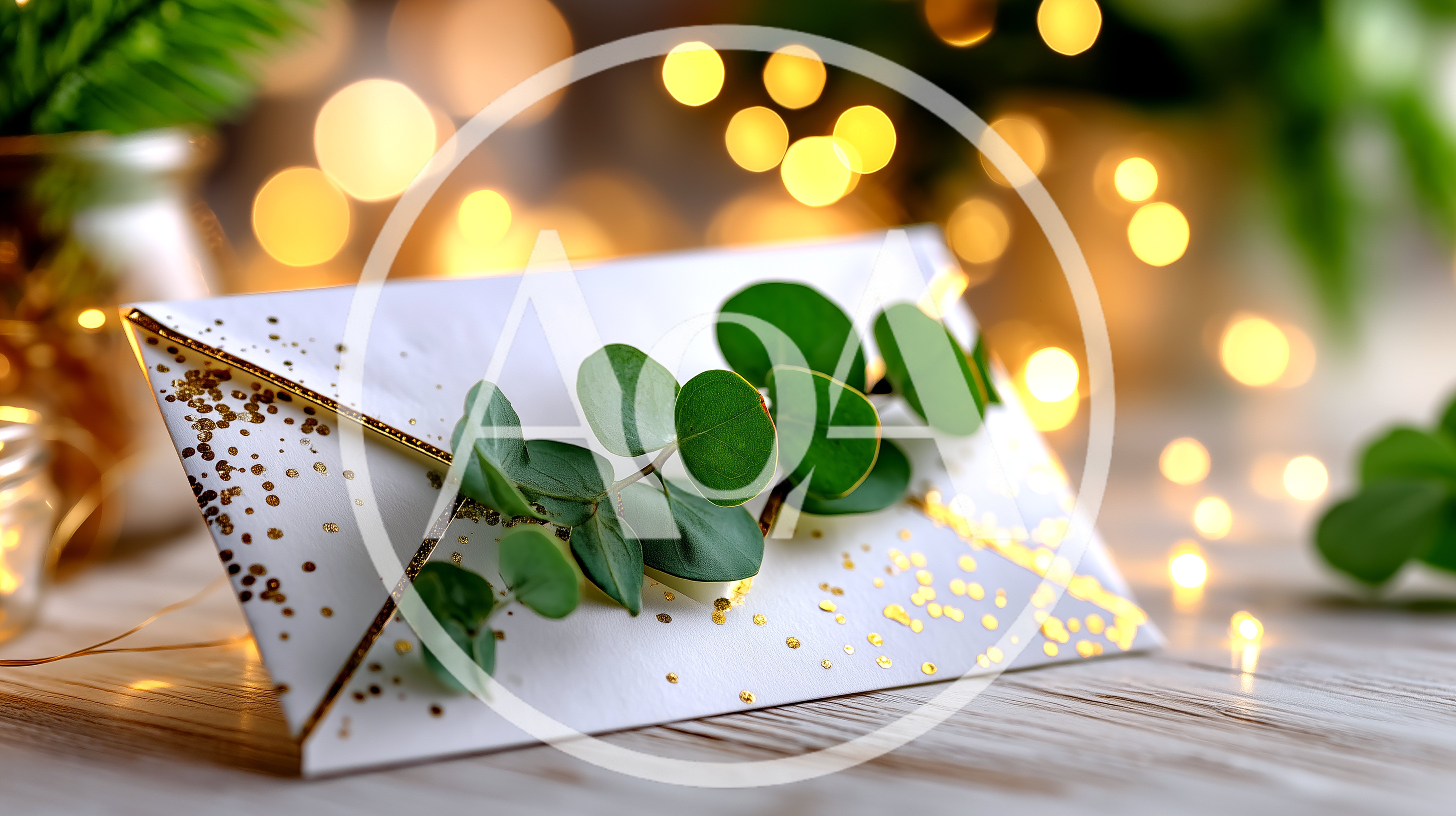 White Envelope Decorated With Eucalyptus And Gold Glitter