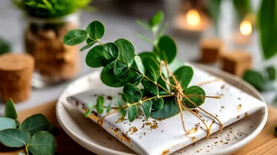 Gift Wrapped In White Paper With Eucalyptus Sprig