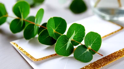 Eucalyptus Branch Resting On A Gold Trimmed Card