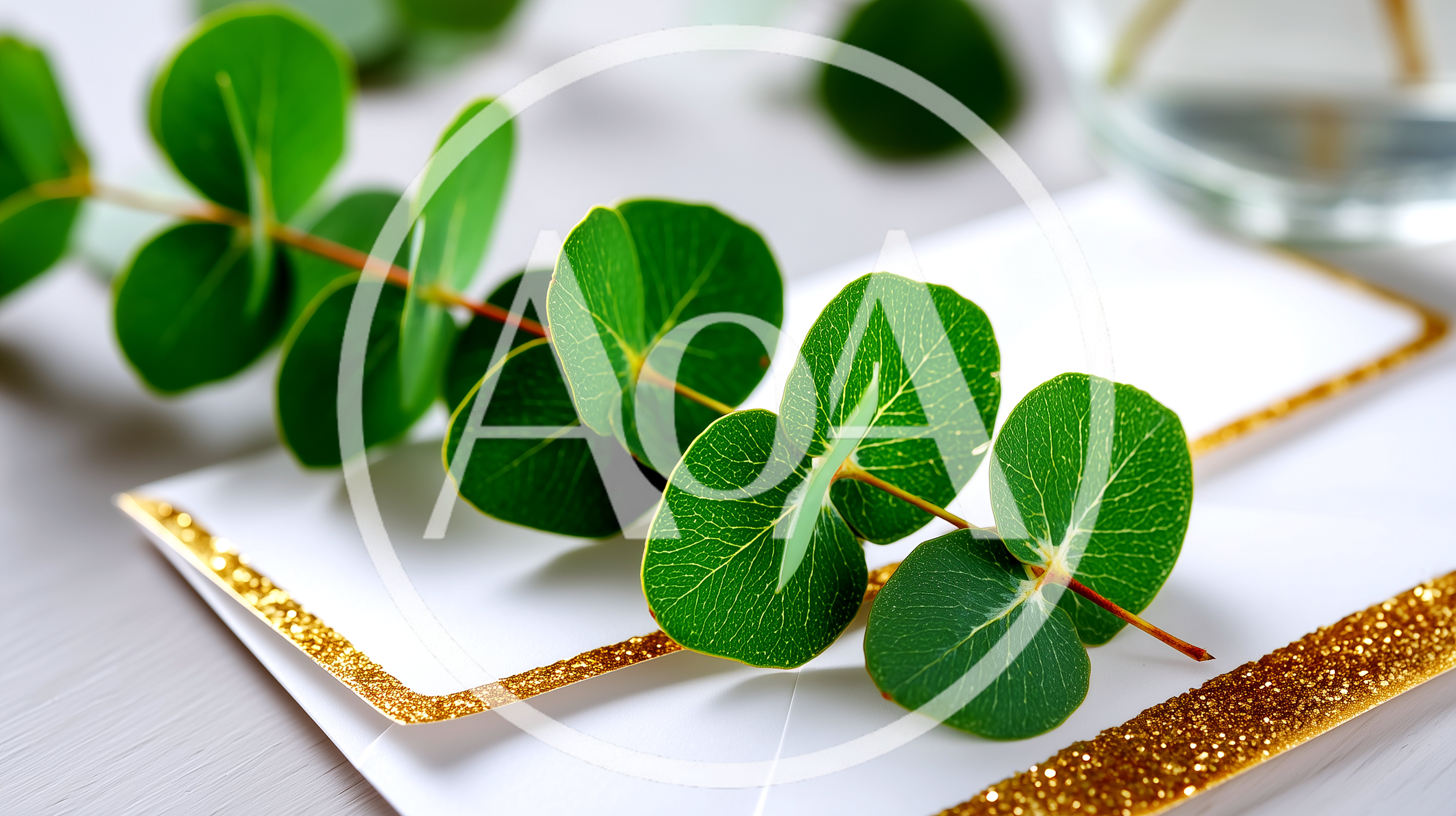 Eucalyptus Branch Resting On A Gold Trimmed Card