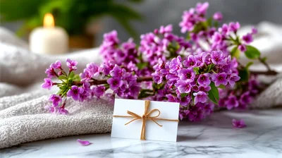 Purple Flowering Branch With Gift Card On Marble