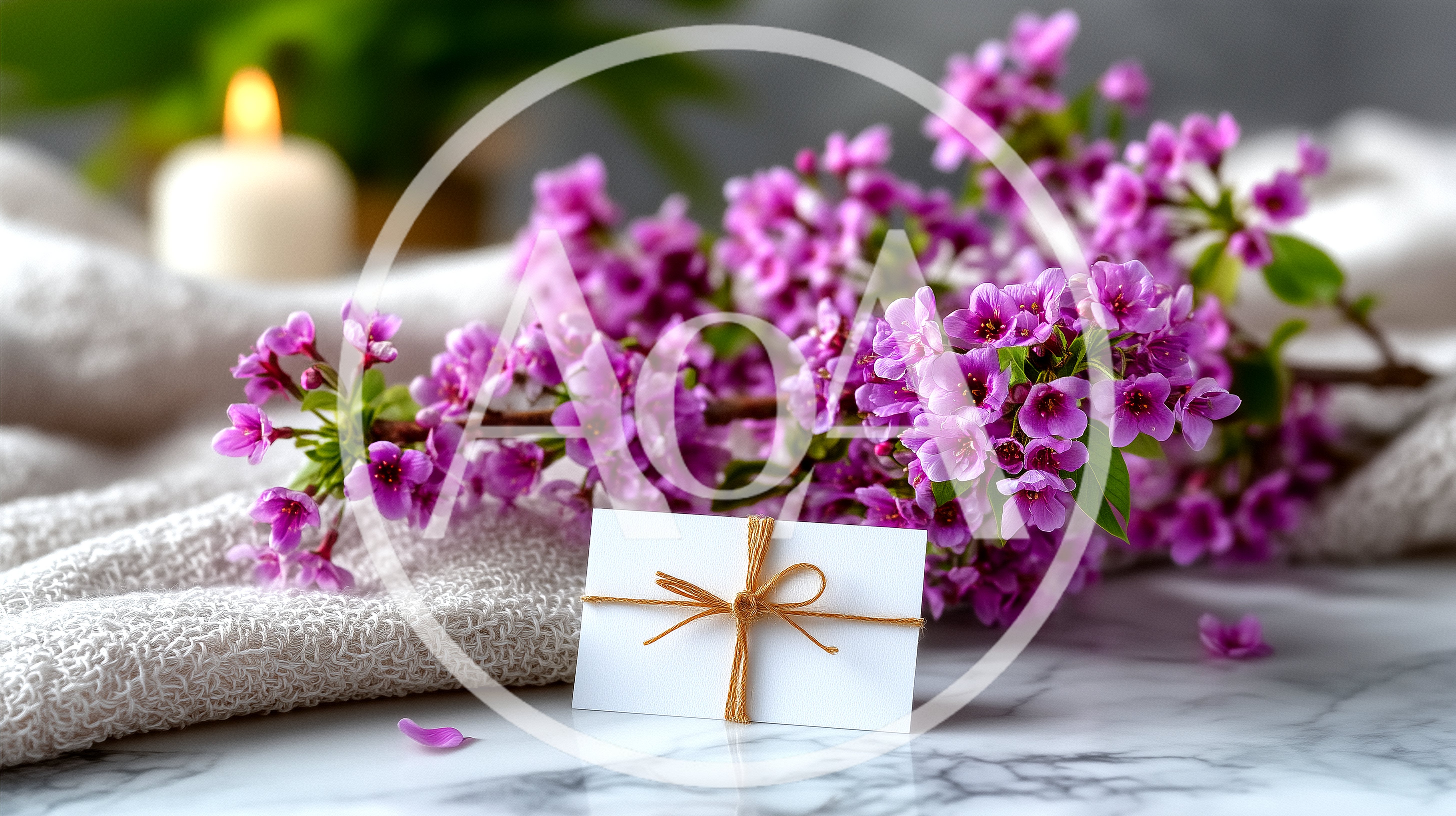 Purple Flowering Branch With Gift Card On Marble