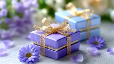 Purple And Blue Gift Boxes With Gold Ribbons
