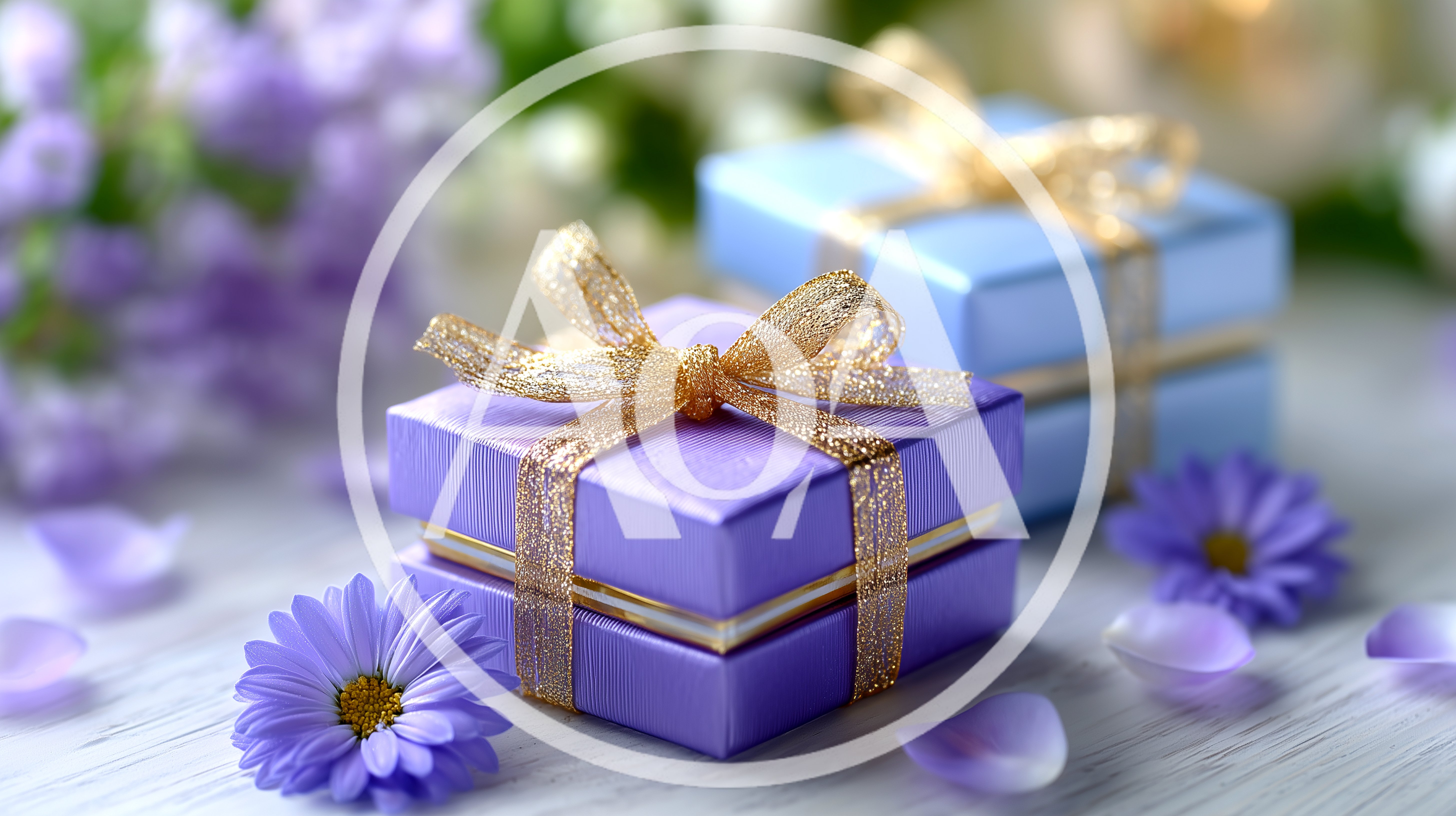 Purple And Blue Gift Boxes With Gold Ribbons
