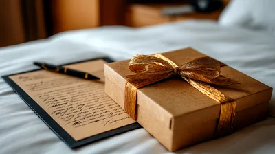 Gift Box And Handwritten Letter On Bed