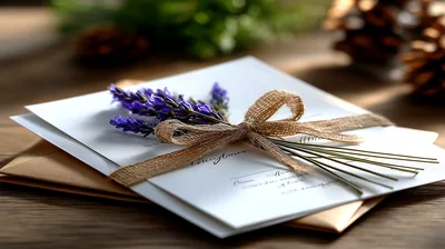 Wedding Invitation Card Decorated With Lavender And Burlap Ribbon
