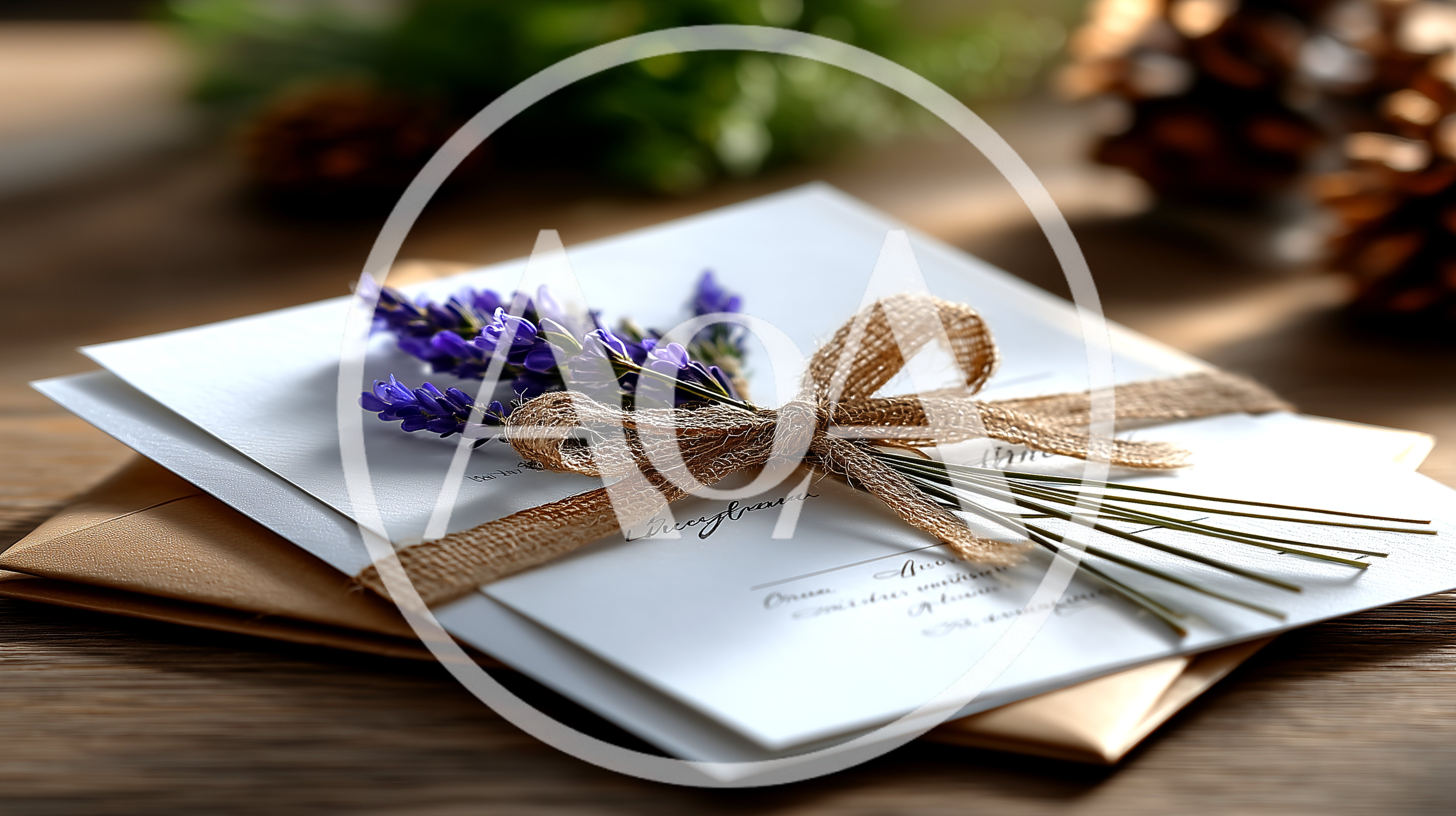 Wedding Invitation Card Decorated With Lavender And Burlap Ribbon