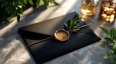 Black Envelope With Gold Wax Seal On Marble Surface