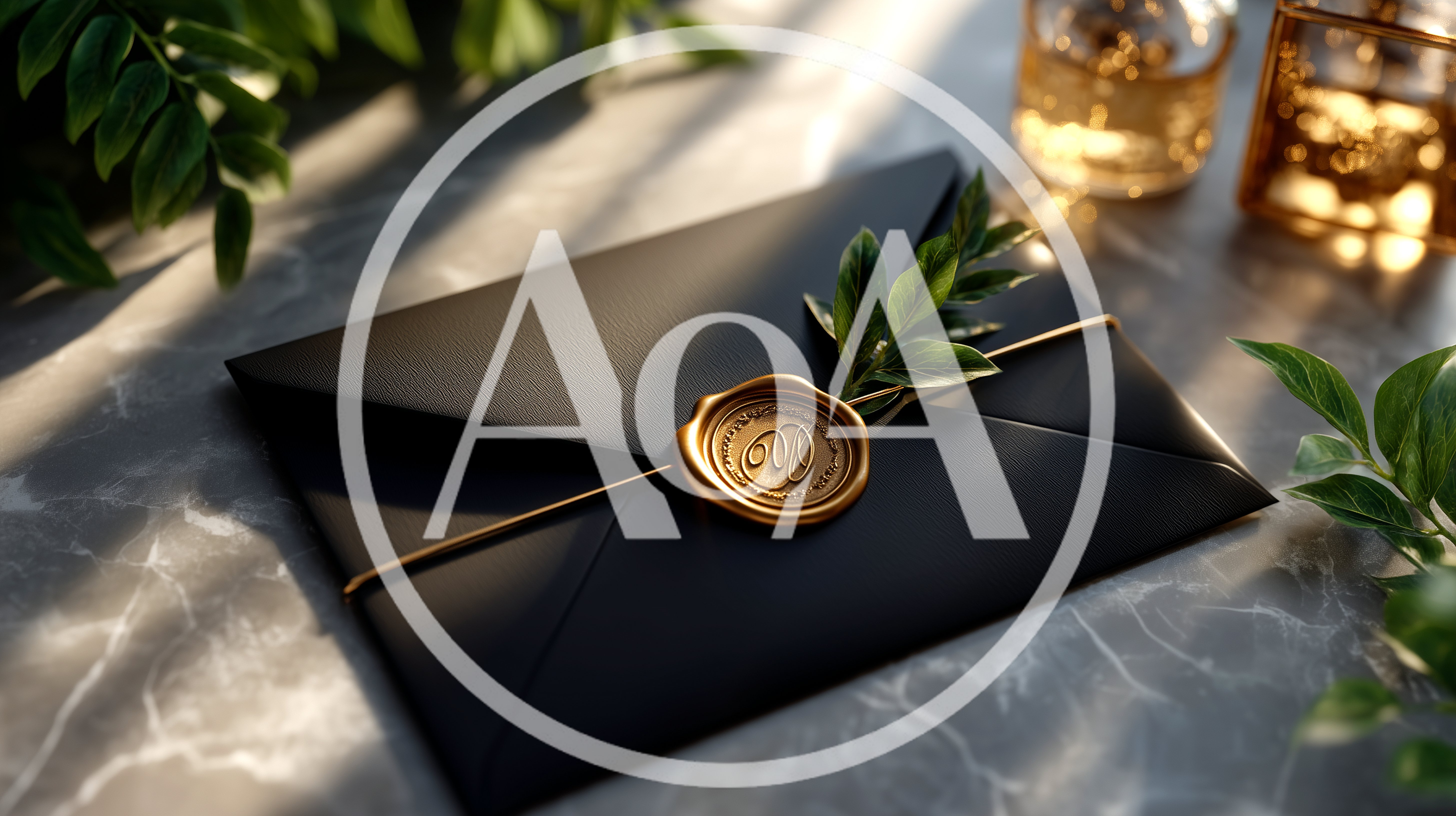 Black Envelope With Gold Wax Seal On Marble Surface