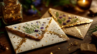 Handmade Envelopes Decorated With Pressed Flowers And Gold Leaf