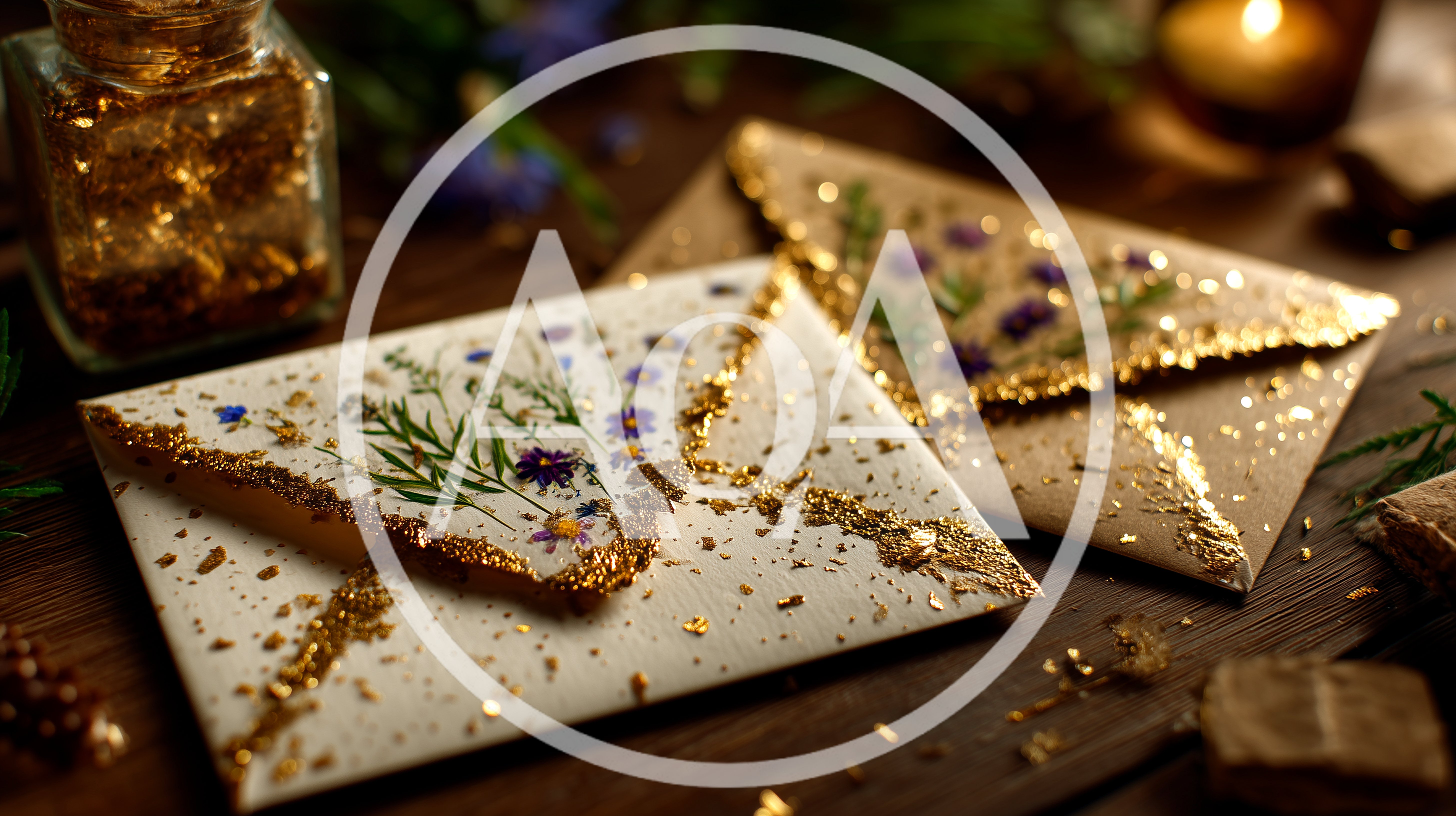 Handmade Envelopes Decorated With Pressed Flowers And Gold Leaf