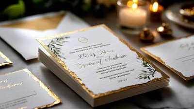 Elegant Wedding Invitation Suite With Gold Foil Edging