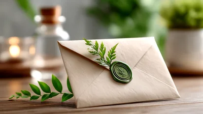Elegant Envelope With Green Wax Seal And Fern Sprig