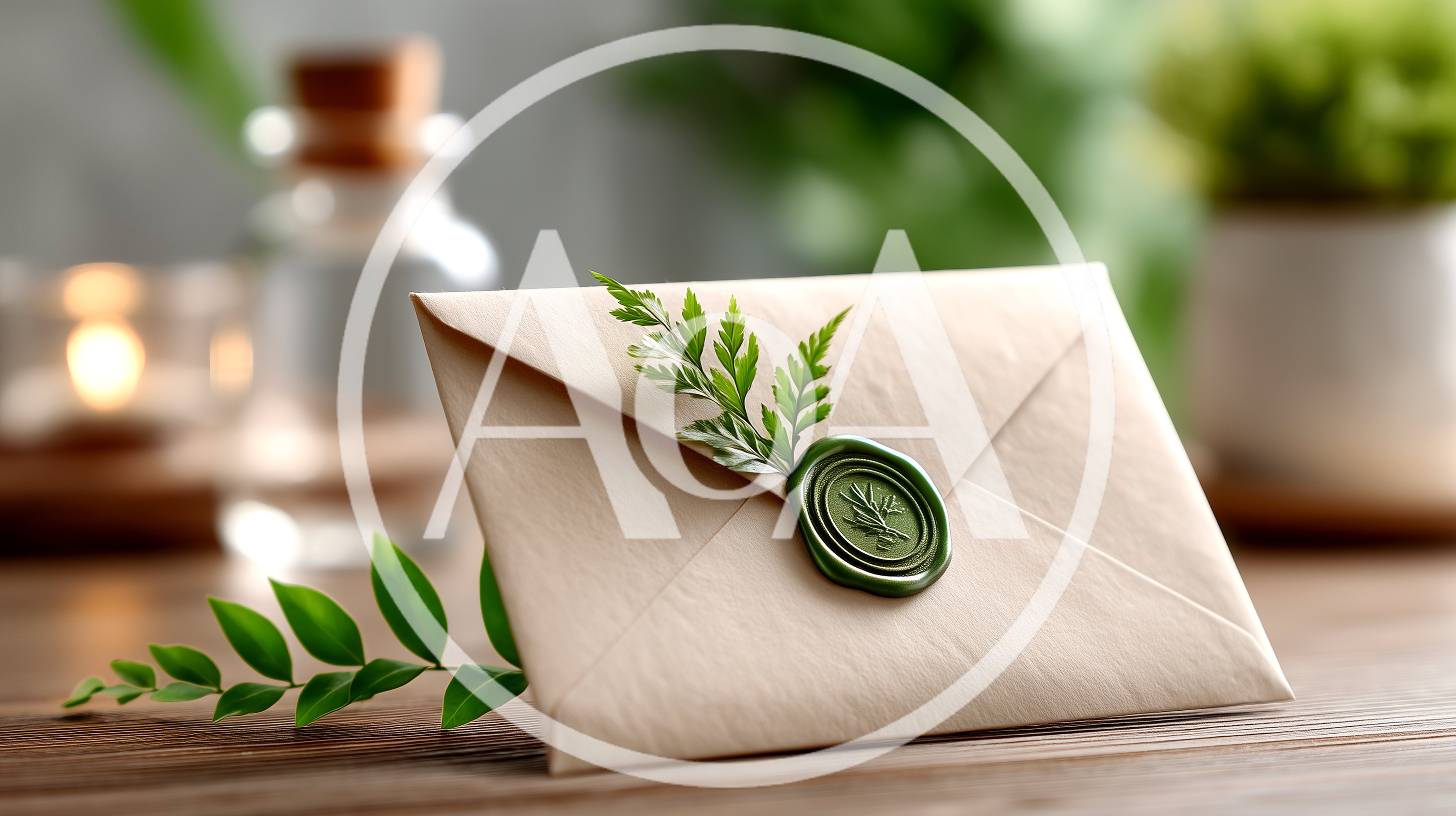 Elegant Envelope With Green Wax Seal And Fern Sprig