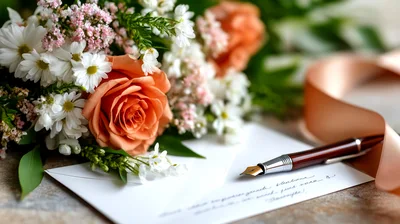 Orange Rose Bouquet With Fountain Pen And Envelope
