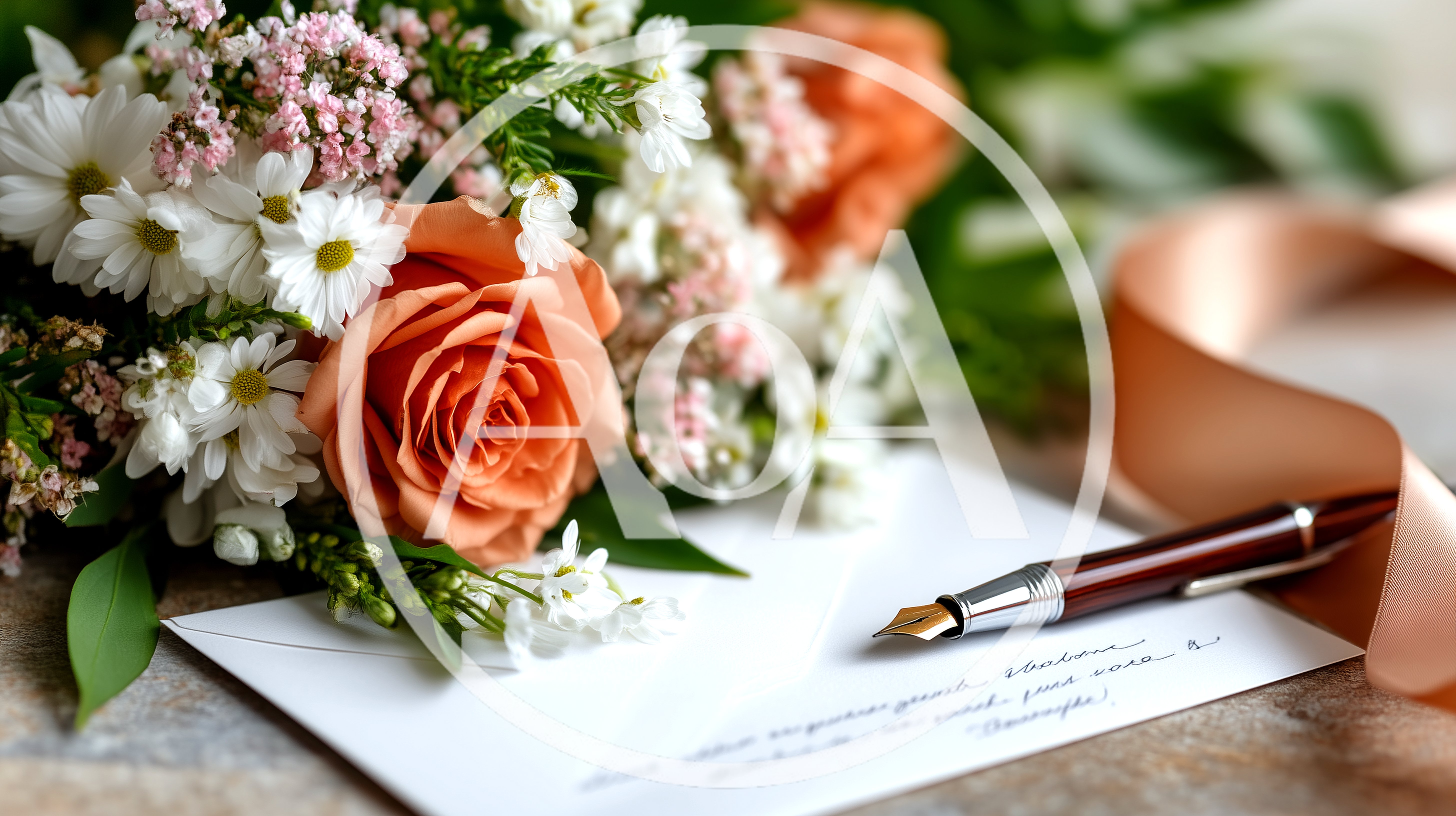 Orange Rose Bouquet With Fountain Pen And Envelope