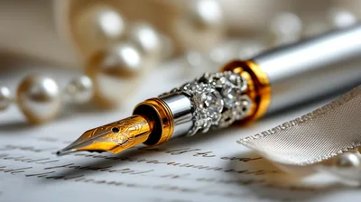 Elegant Fountain Pen Resting On Handwritten Letter With Pearls