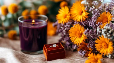 Engagement Ring In Velvet Box With Flowers And Candle