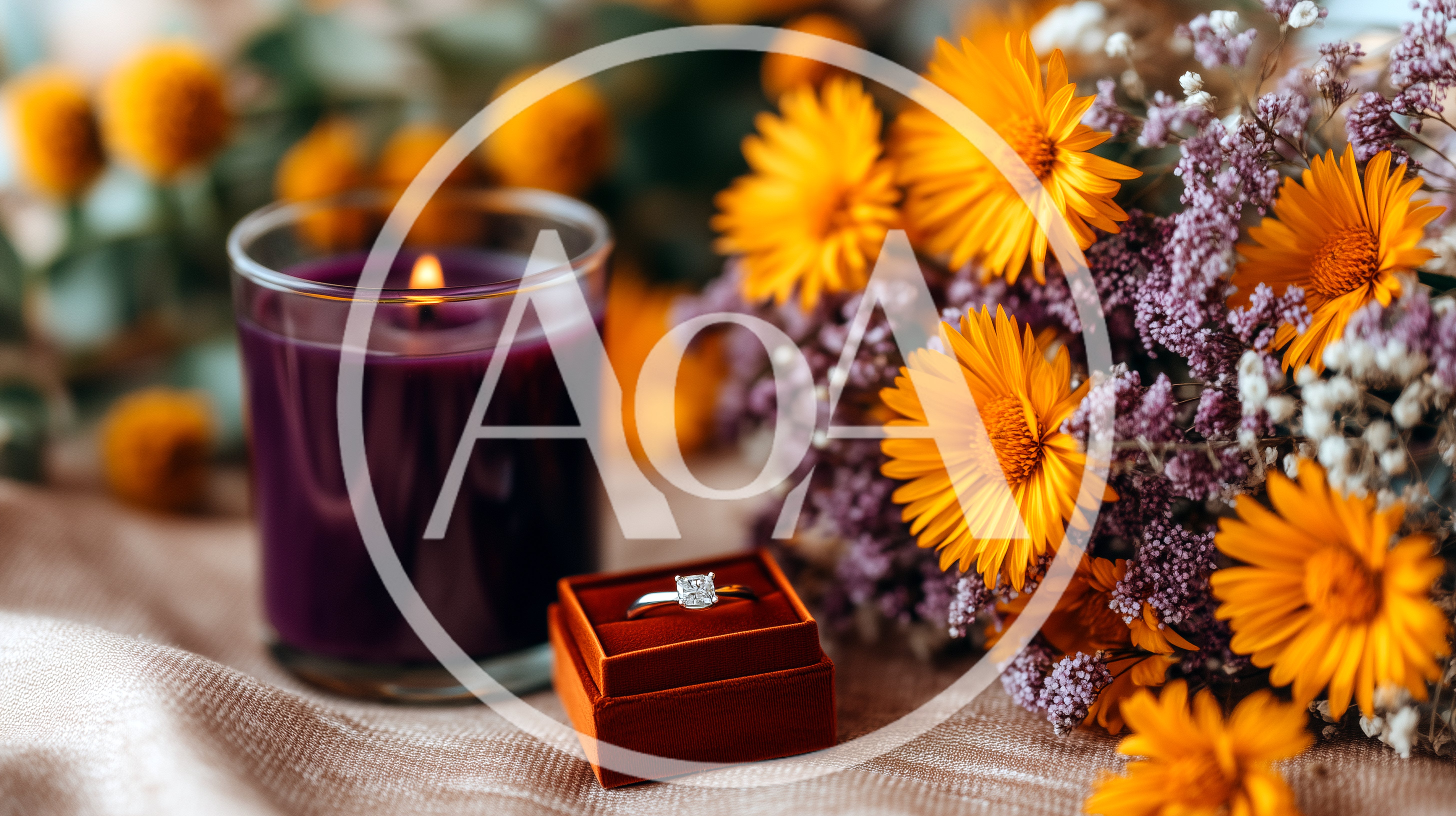 Engagement Ring In Velvet Box With Flowers And Candle