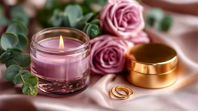 Lit Candle With Roses And Gold Rings On Silk