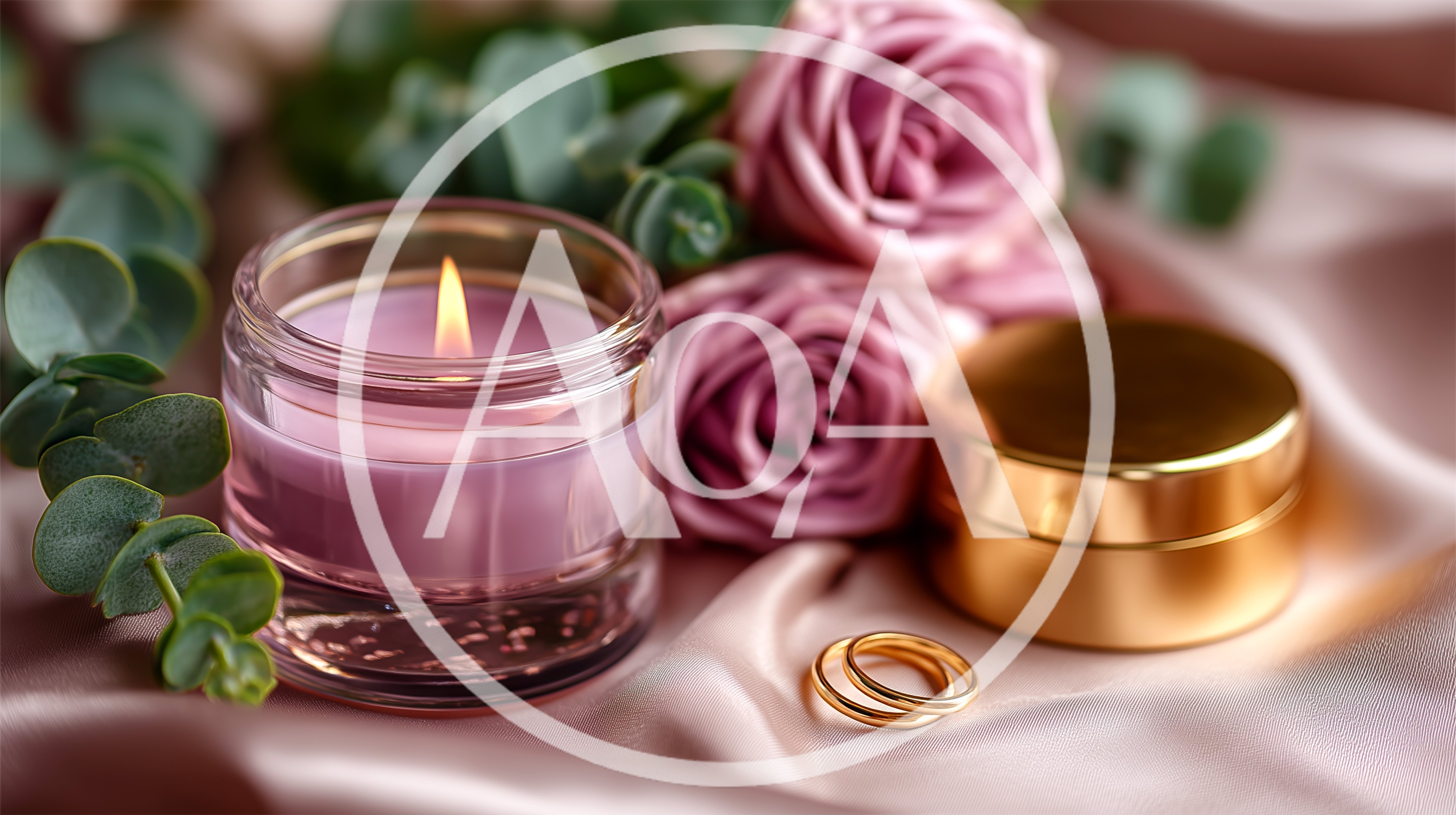 Lit Candle With Roses And Gold Rings On Silk