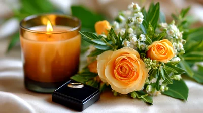 Wedding Ring In Box With Candle And Rose Bouquet