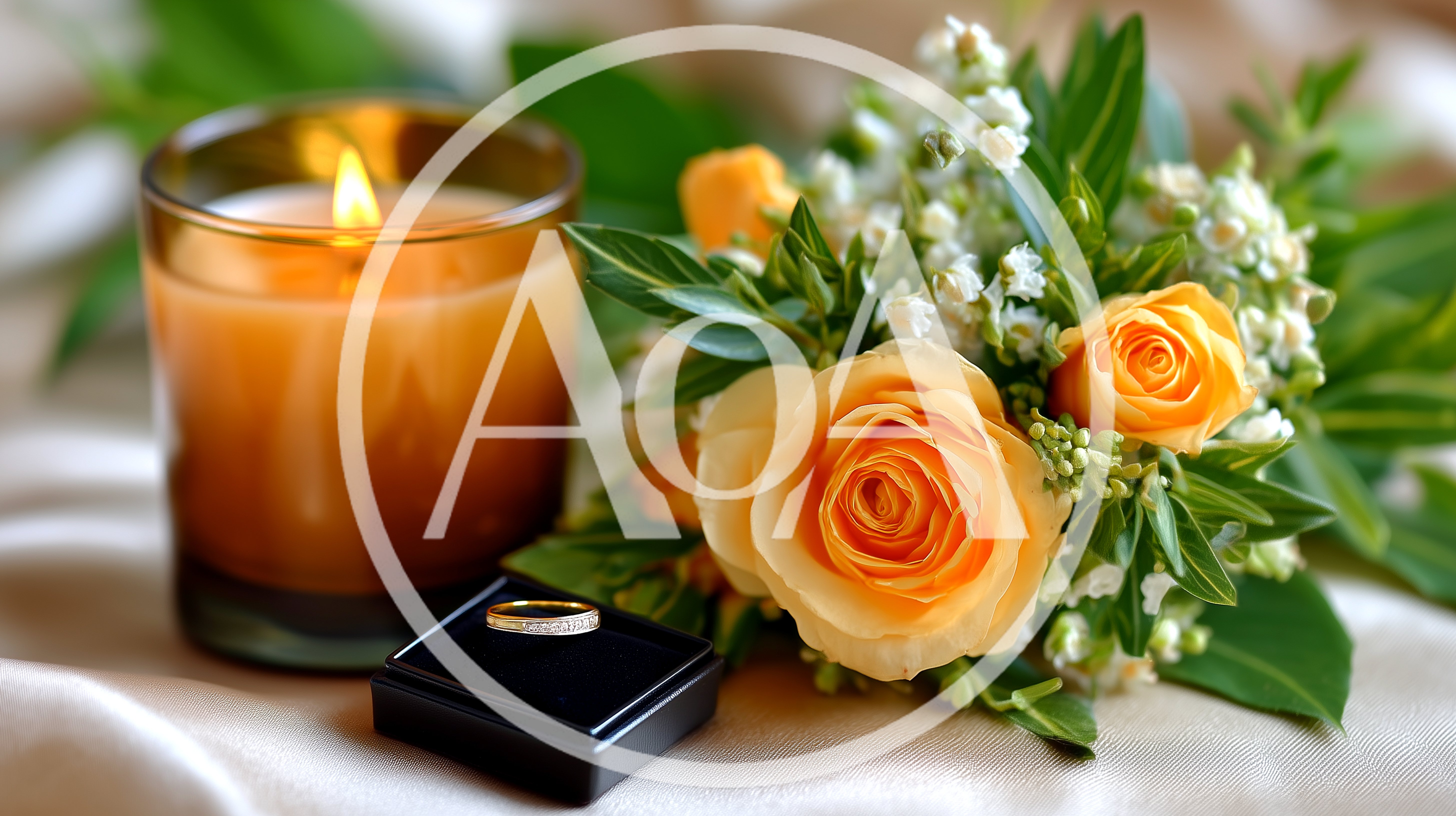 Wedding Ring In Box With Candle And Rose Bouquet