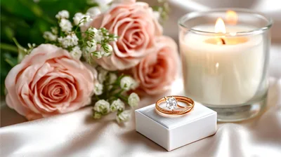 Engagement Ring With Roses And Candle On Silk