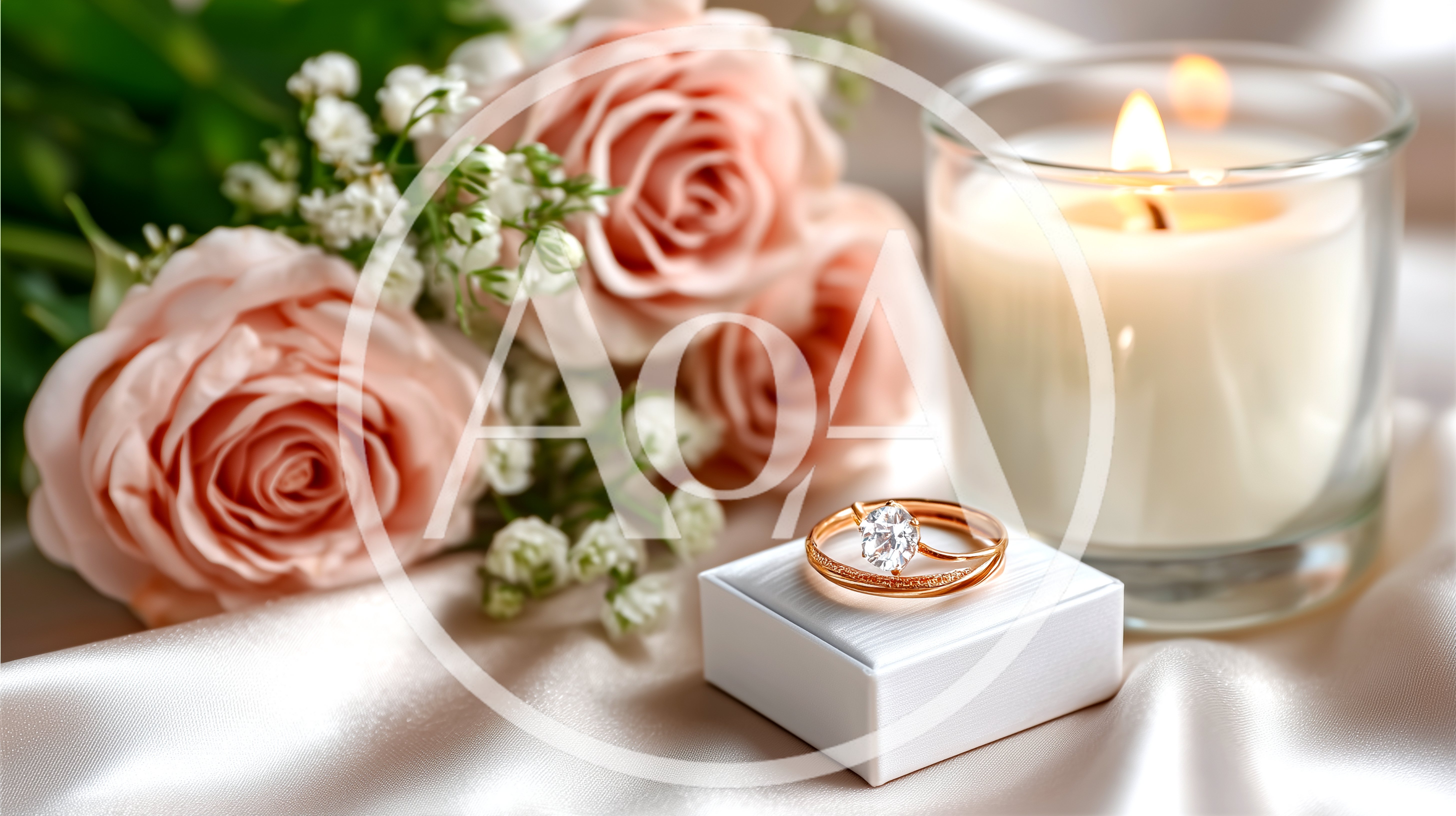 Engagement Ring With Roses And Candle On Silk