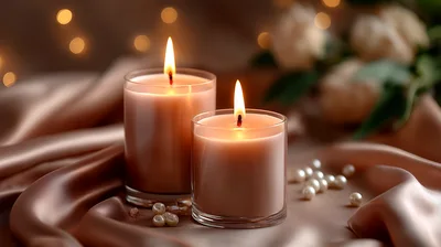 Two Lit Candles On Satin Fabric With Pearls