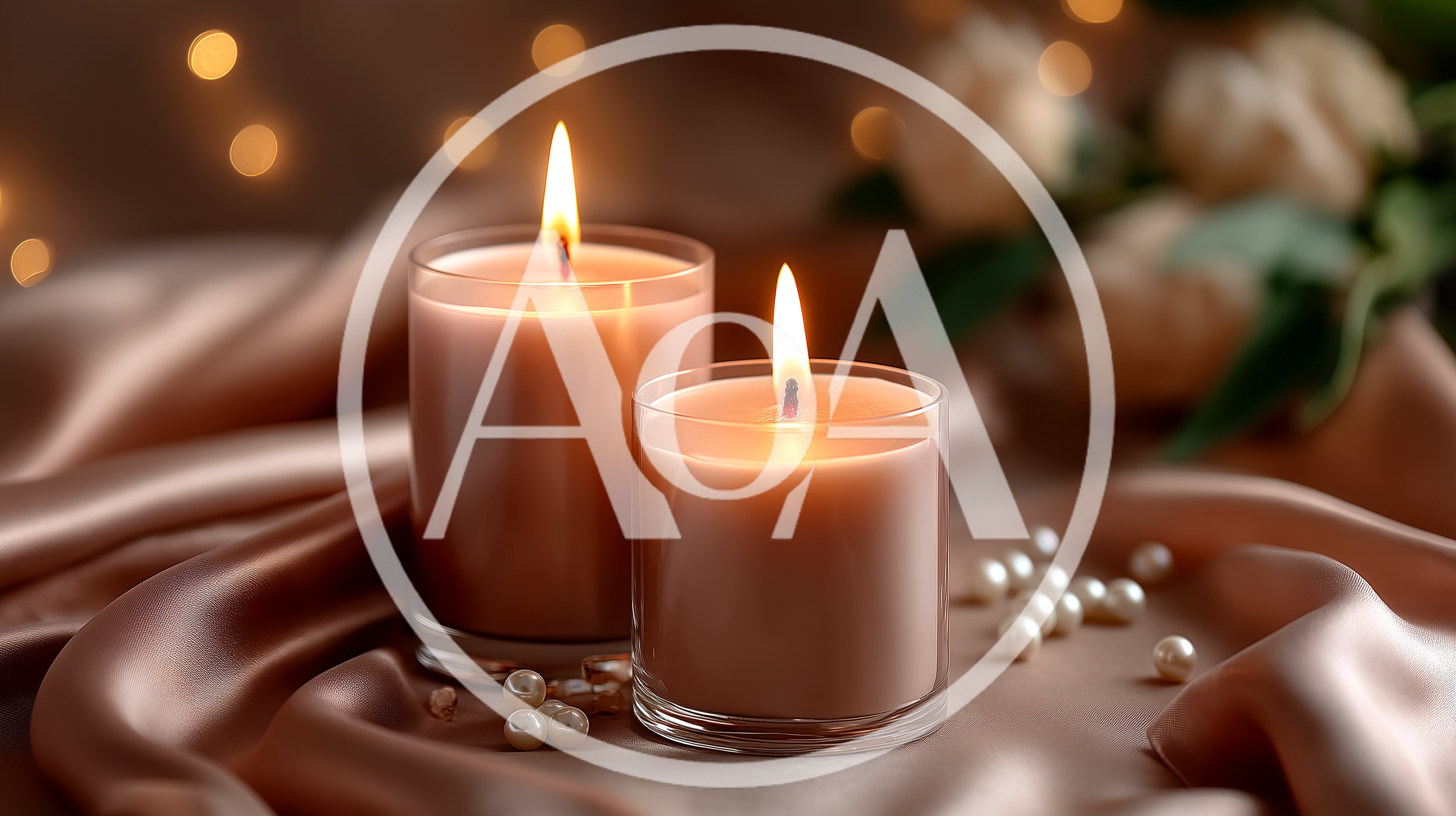 Two Lit Candles On Satin Fabric With Pearls