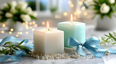 Two Square Candles With Blue Ribbon And Pearls