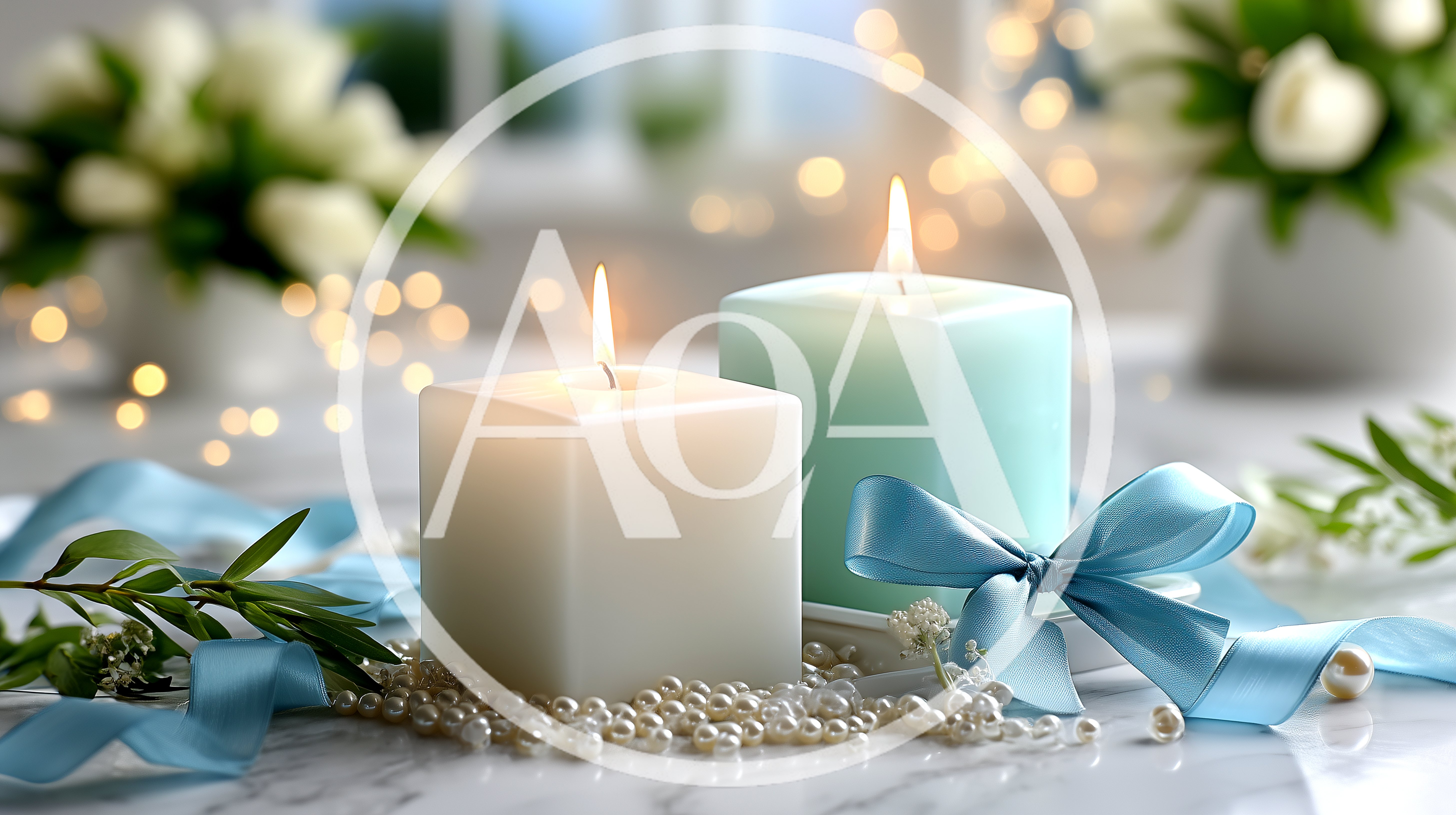 Two Square Candles With Blue Ribbon And Pearls