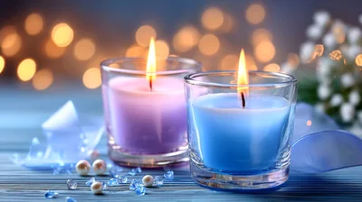 Two Scented Candles Burning In Glass Holders
