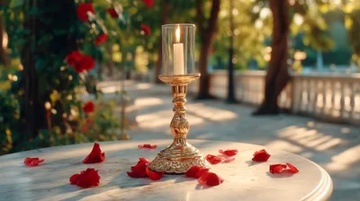 Lit Candle In Gold Holder On Marble Table