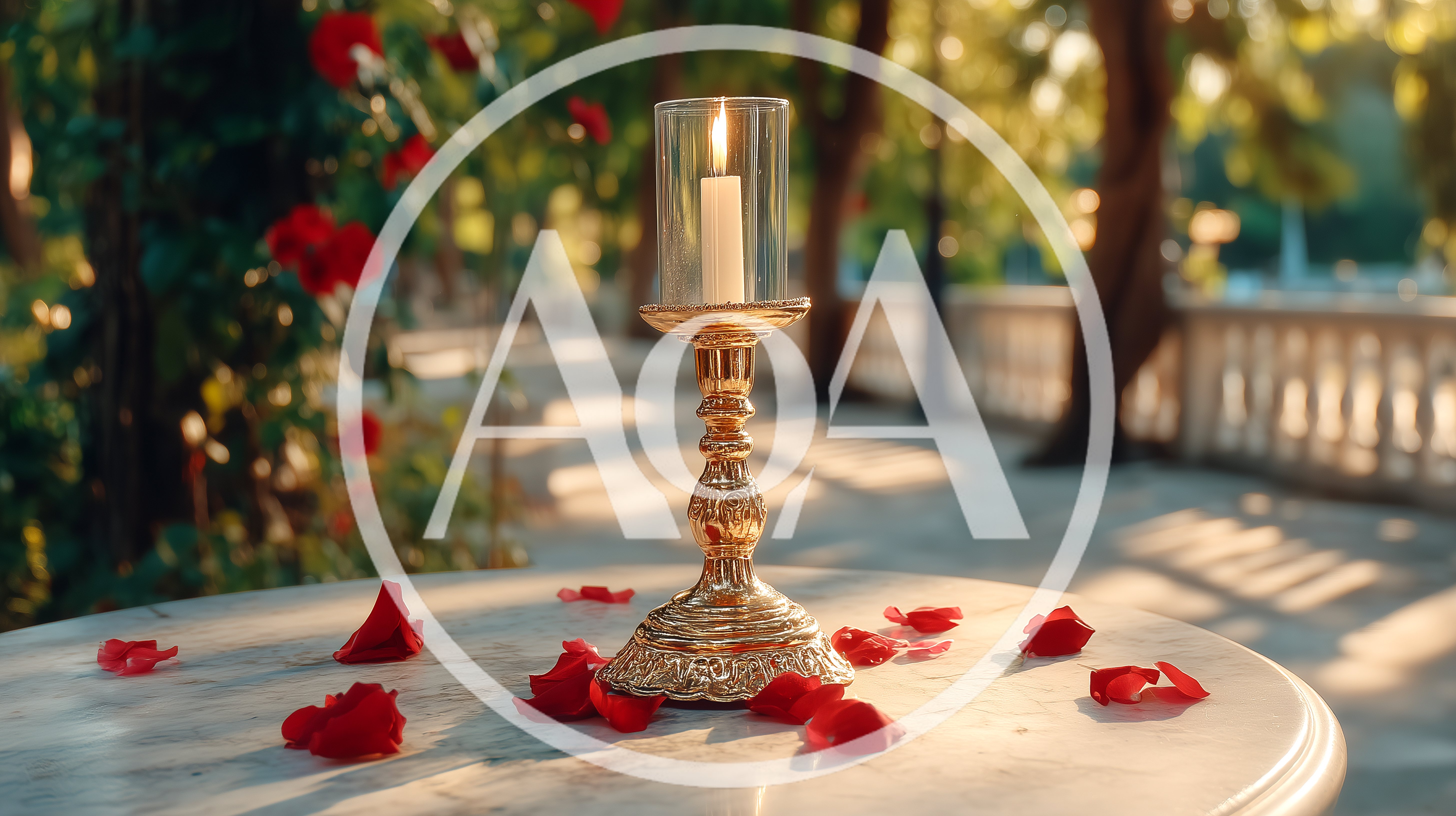 Lit Candle In Gold Holder On Marble Table