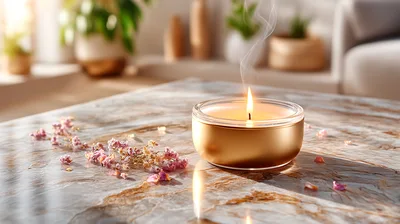 Lit Gold Candle With Scattered Dried Flower Petals