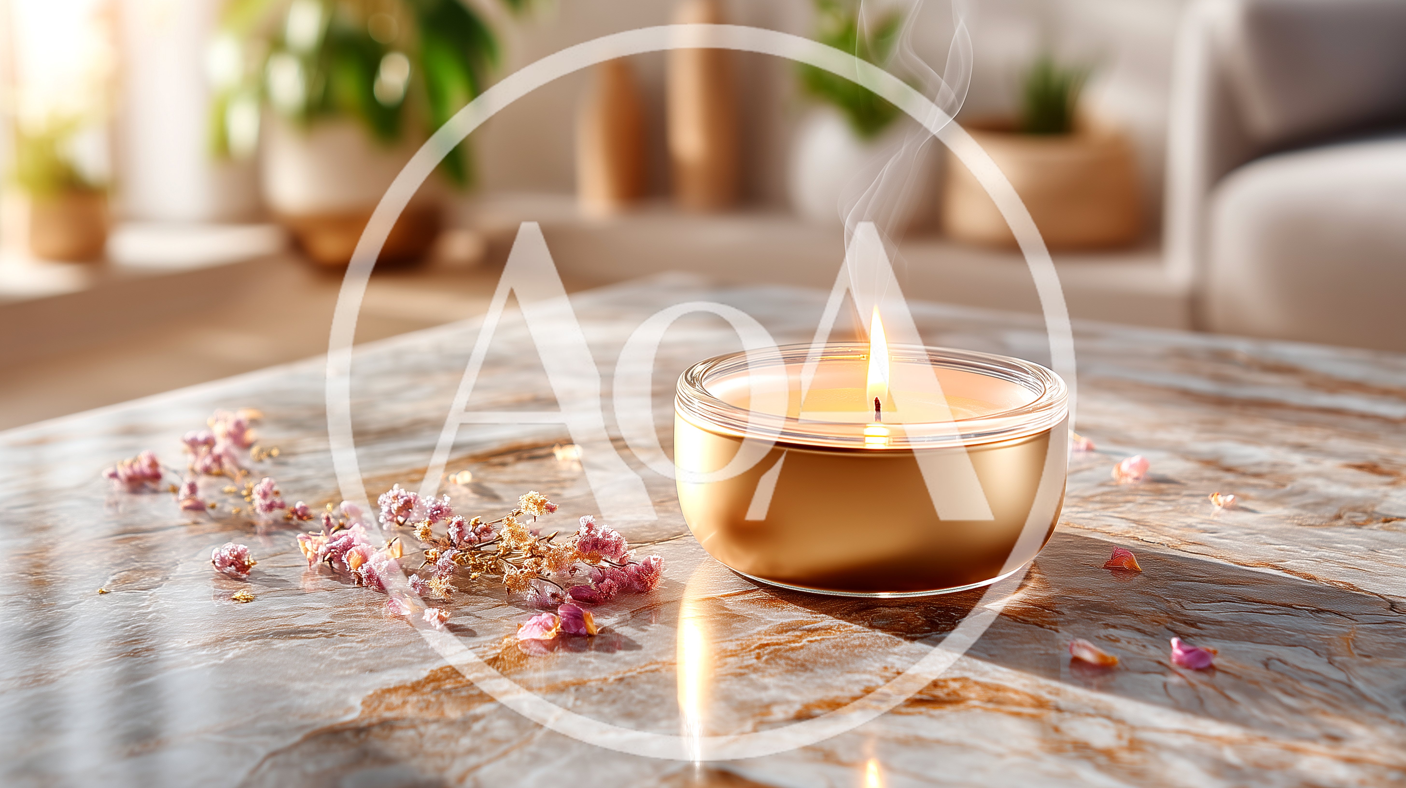 Lit Gold Candle With Scattered Dried Flower Petals