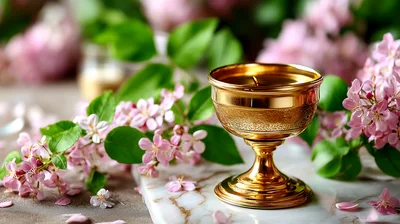 Golden Chalice Surrounded By Pink Blossoms