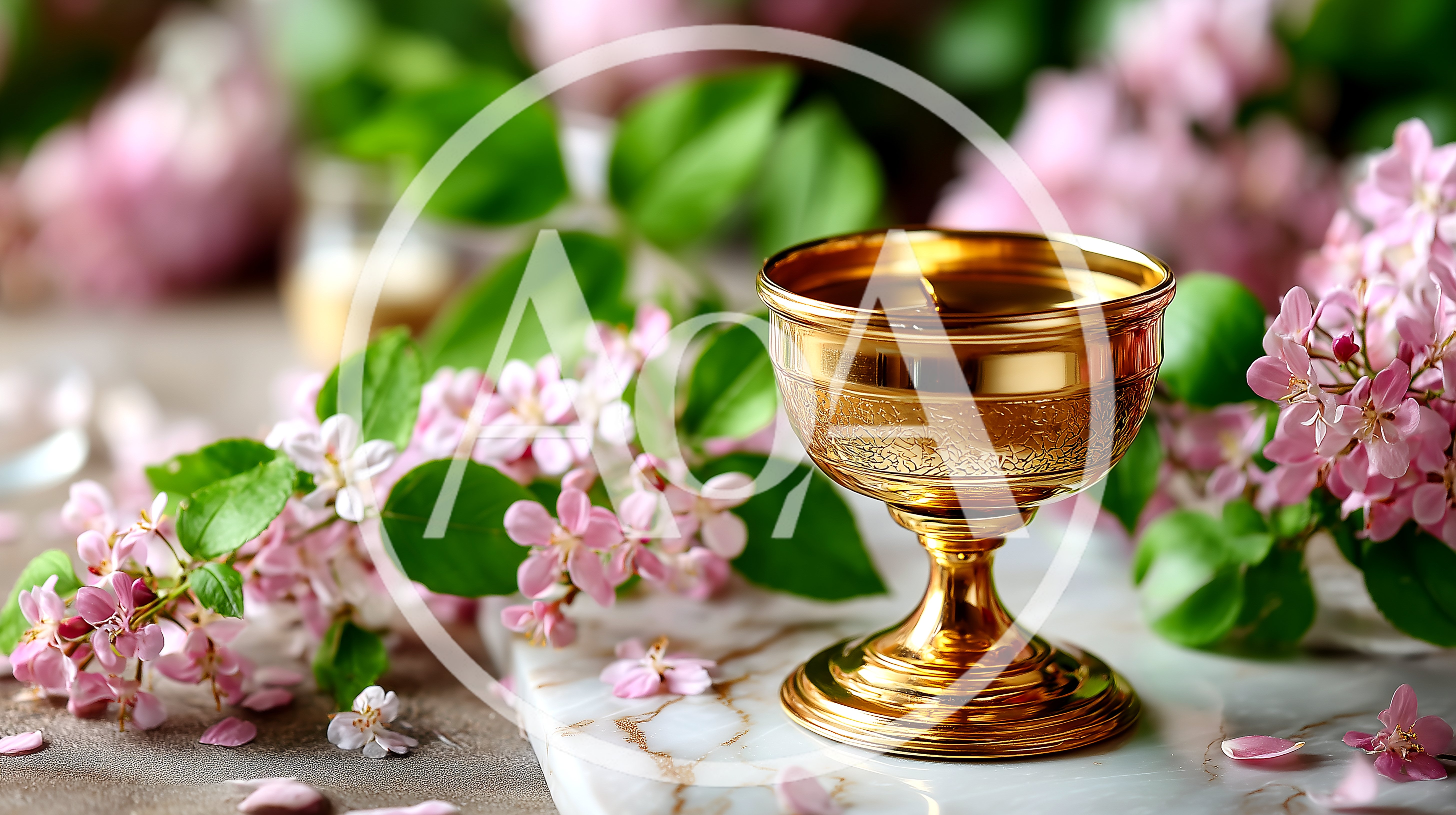 Golden Chalice Surrounded By Pink Blossoms