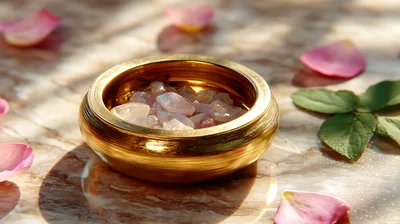 Rose Quartz Crystals In A Golden Bowl