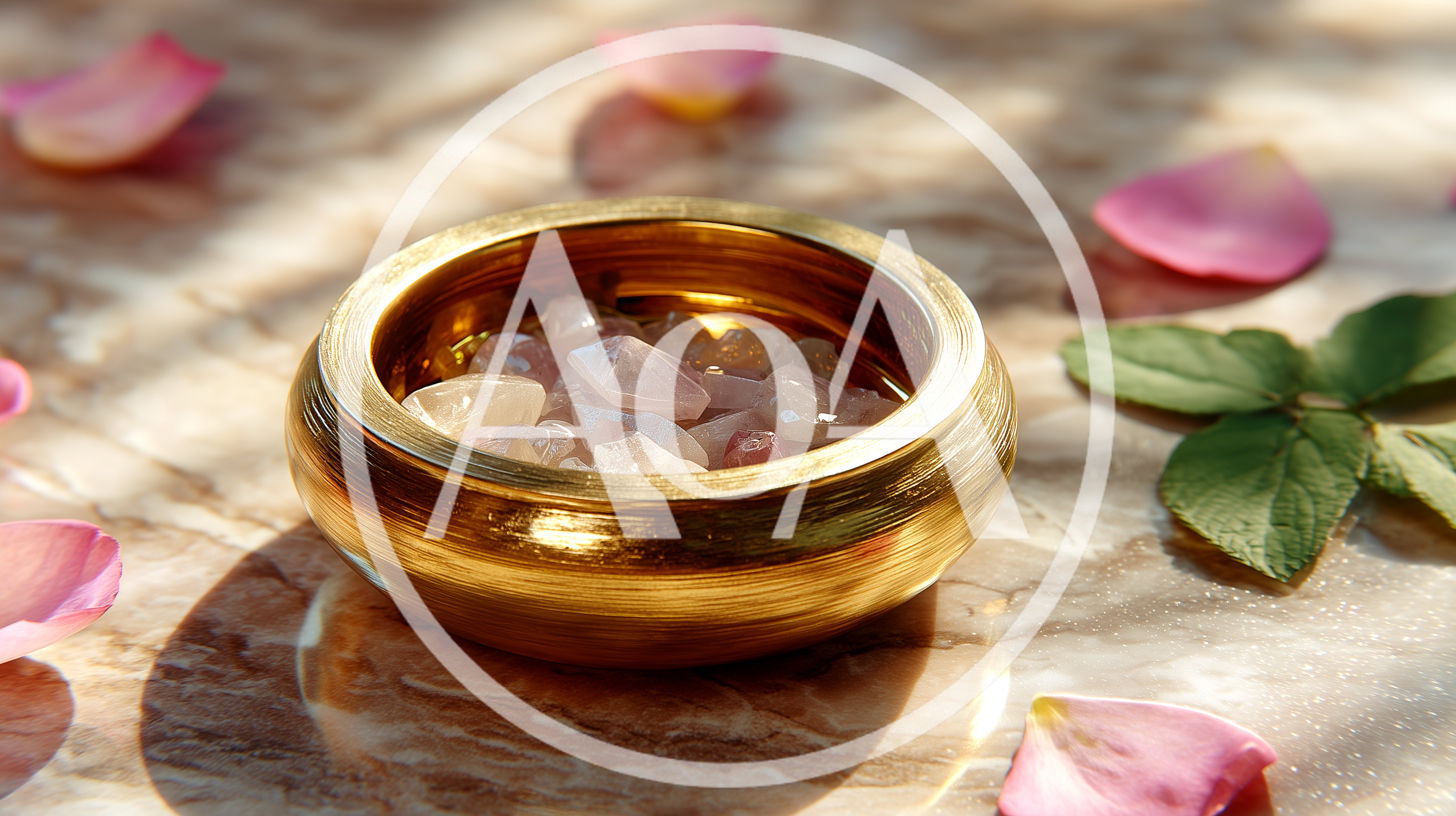 Rose Quartz Crystals In A Golden Bowl