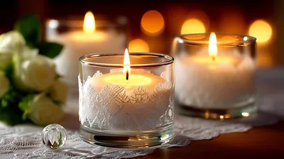 Three Lit Candles In Glass Holders With White Roses