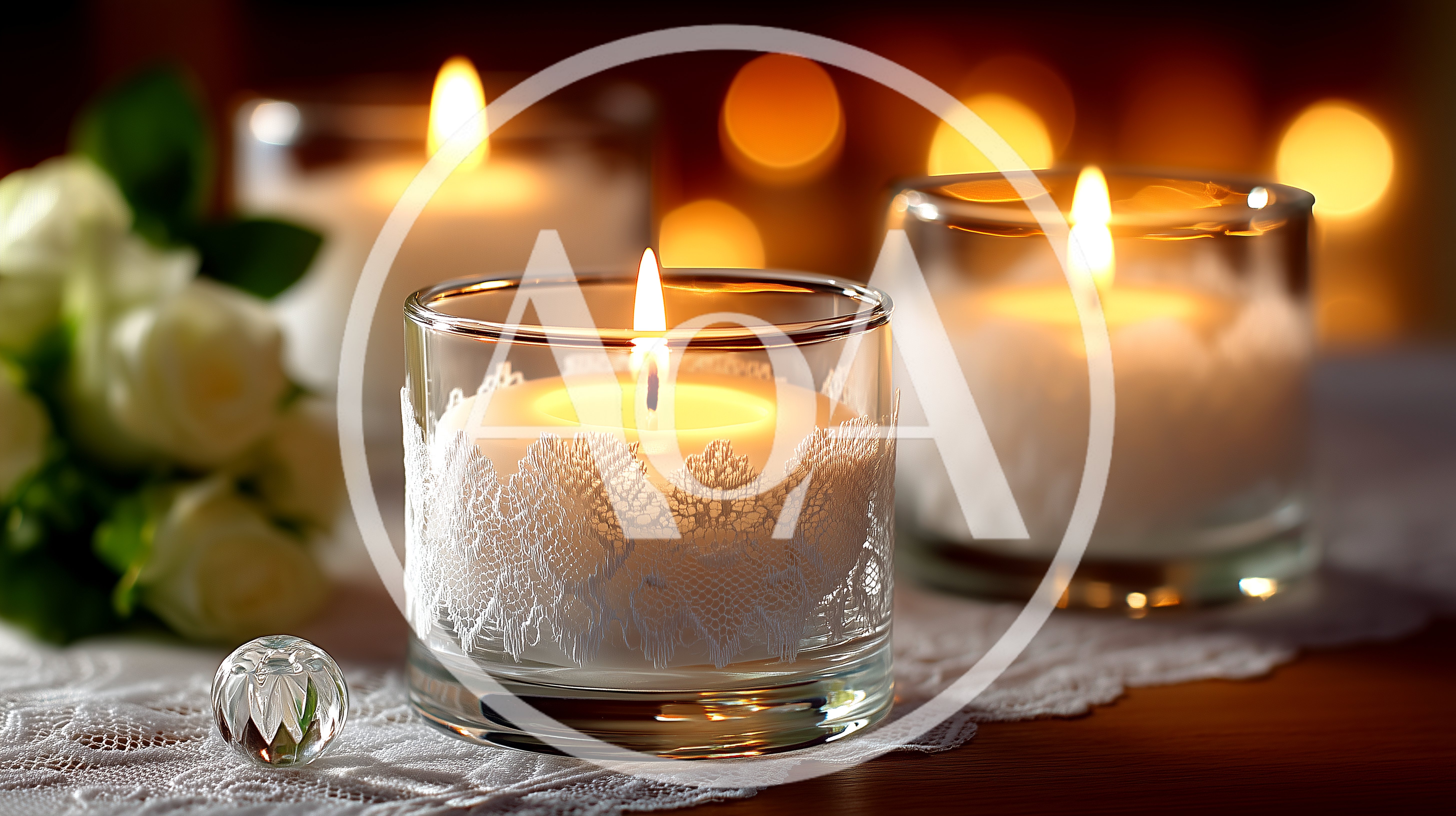 Three Lit Candles In Glass Holders With White Roses