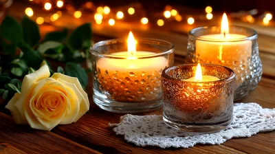 Three Lit Candles With A Yellow Rose