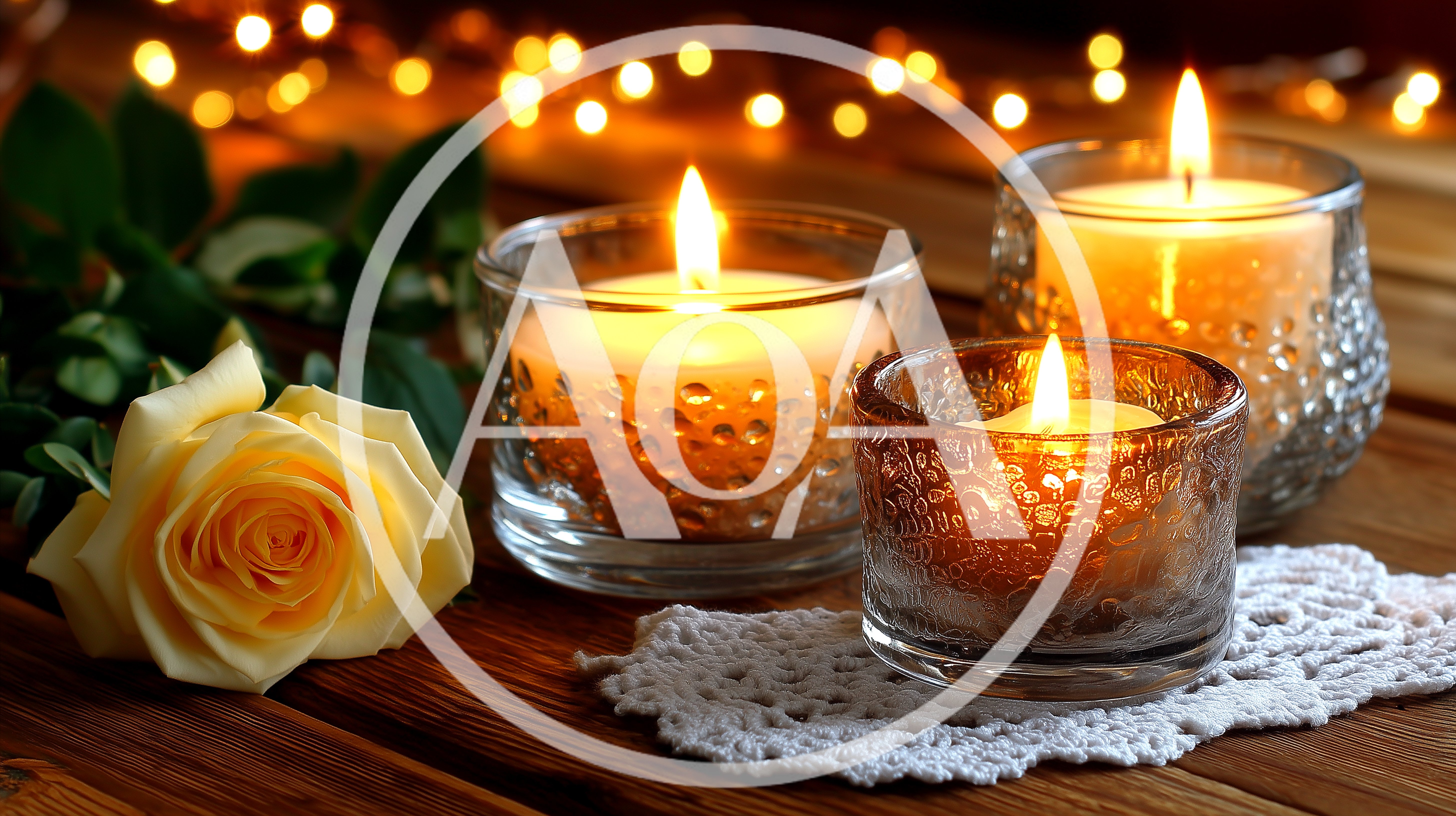 Three Lit Candles With A Yellow Rose