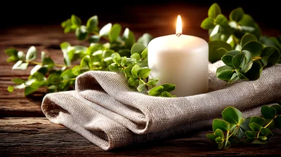 Lit White Candle With Eucalyptus Leaves On Linen
