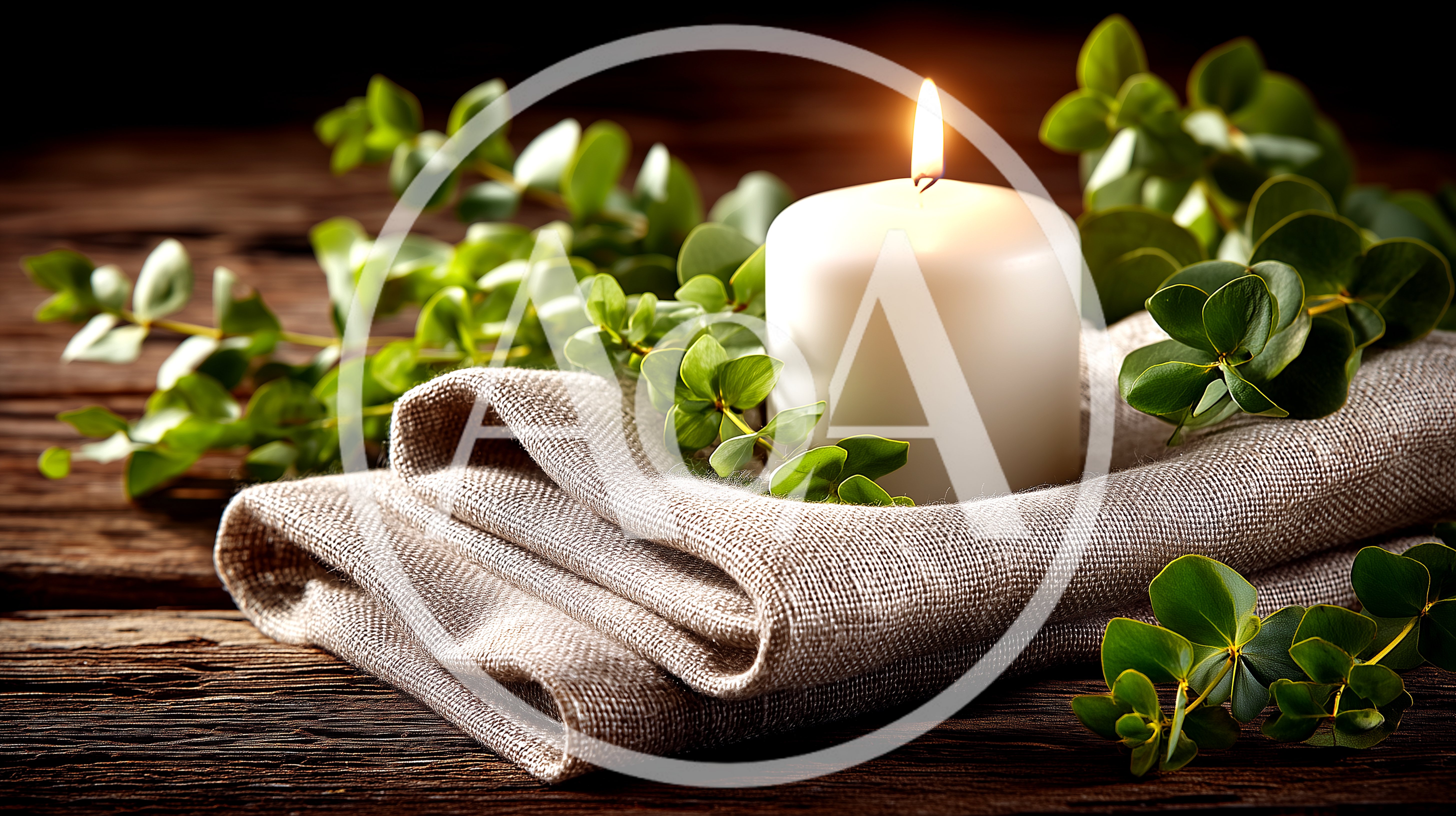 Lit White Candle With Eucalyptus Leaves On Linen