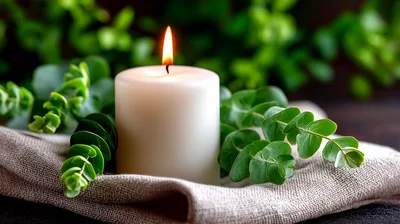 Lit White Pillar Candle With Eucalyptus Sprigs